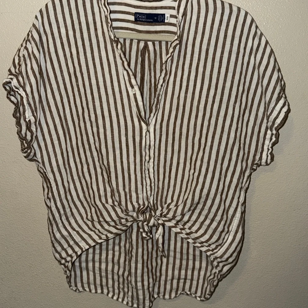 Polo Ralph Lauren Linen Tie Front Striped Blouse Brown White Size 10 - Picture 2 of 6